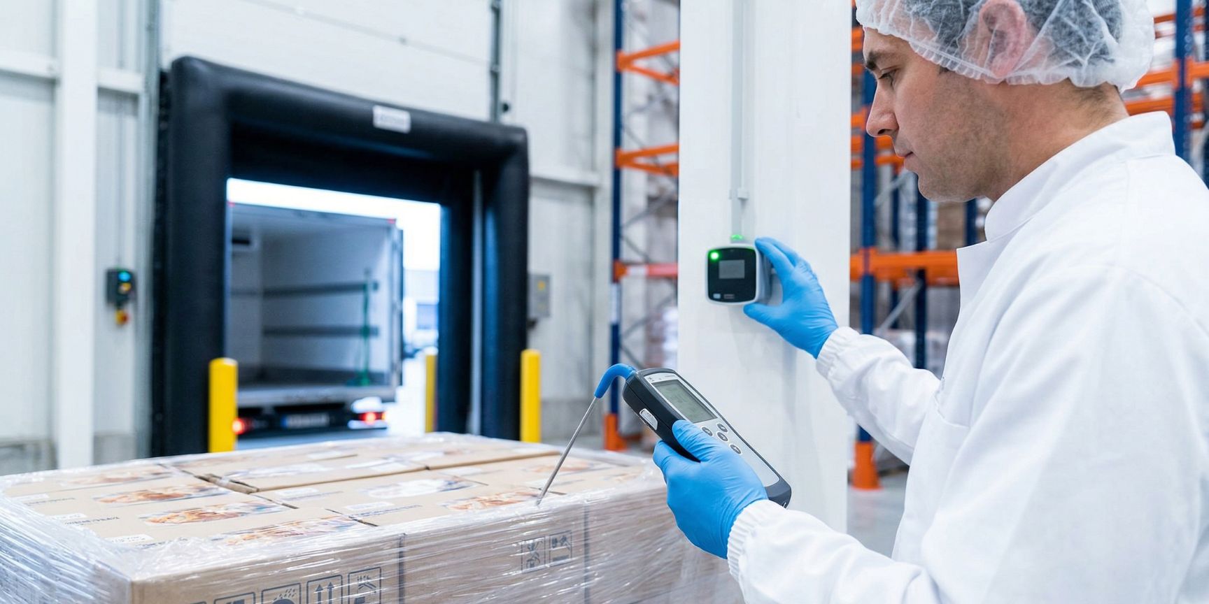 HACCP-Konformität in der Logistik: Ein Lagermitarbeiter in Schutzkleidung prüft an einer dichten Laderampe die Temperatur von eingehender Kühlware.